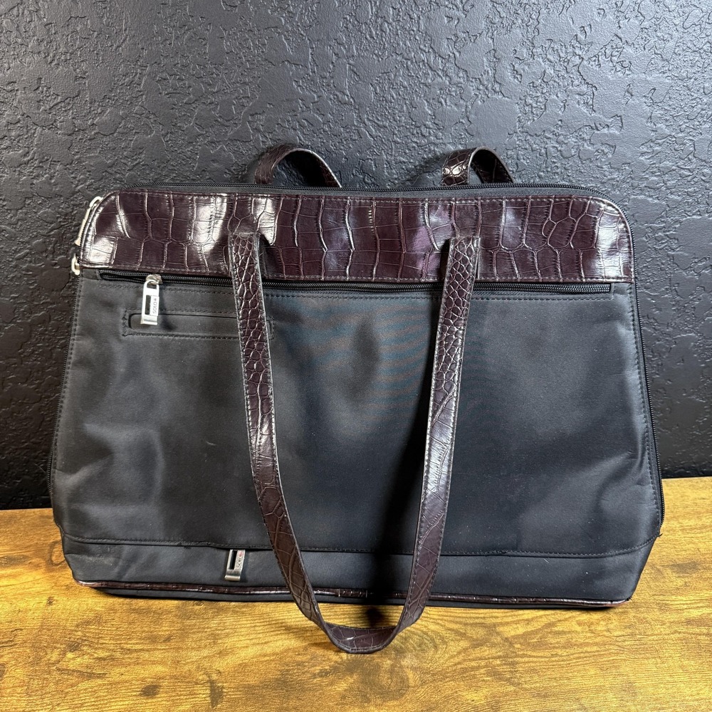 Solo New York Laptop Tote Brown Black Faux Croc Nylon Briefcase‎ Womens Large - Picture 3 of 5